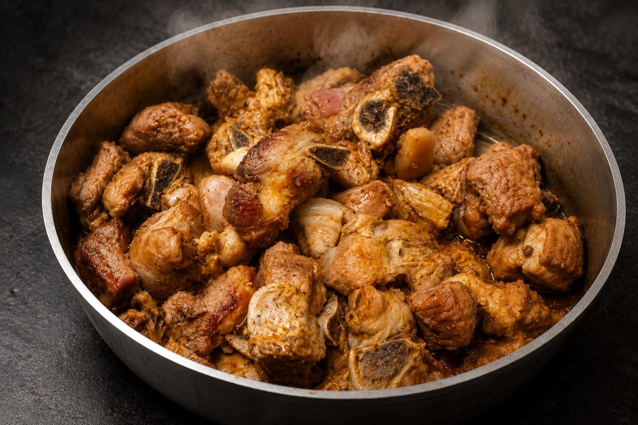 Porco no tacho com mandioca e bacon servido na marmita