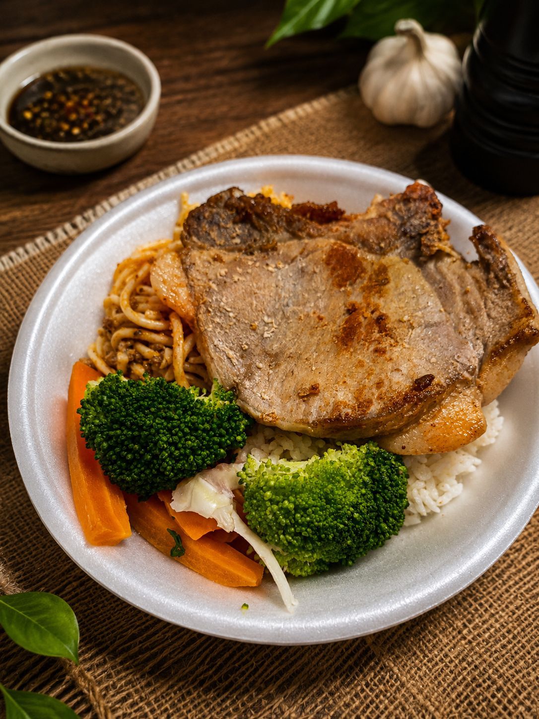 Marmita de bisteca suína com mandioca, arroz e feijão