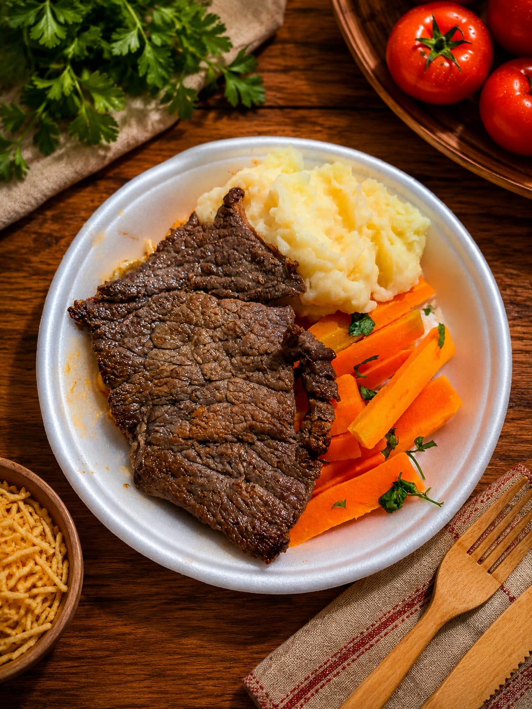 Marmita de bife à milanesa com arroz e feijão